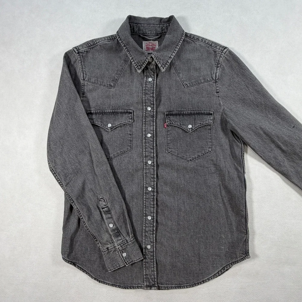 Levis Shirt Mens Small Gray Denim Western Snap Front Long Sleeve Standard Fit